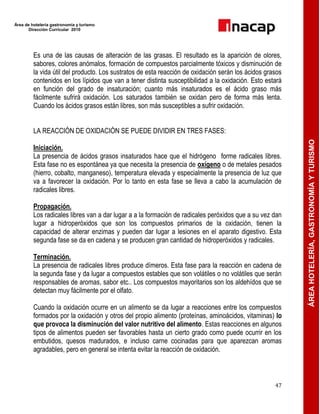 Área de hotelería gastronomía y turismo
Dirección Curricular 2010
47
ÁREAHOTELERÍA,GASTRONOMÍAYTURISMO
Es una de las causas de alteración de las grasas. El resultado es la aparición de olores,
sabores, colores anómalos, formación de compuestos parcialmente tóxicos y disminución de
la vida útil del producto. Los sustratos de esta reacción de oxidación serán los ácidos grasos
contenidos en los lípidos que van a tener distinta susceptibilidad a la oxidación. Esto estará
en función del grado de insaturación; cuanto más insaturados es el ácido graso más
fácilmente sufrirá oxidación. Los saturados también se oxidan pero de forma más lenta.
Cuando los ácidos grasos están libres, son más susceptibles a sufrir oxidación.
LA REACCIÓN DE OXIDACIÓN SE PUEDE DIVIDIR EN TRES FASES:
Iniciación.
La presencia de ácidos grasos insaturados hace que el hidrógeno forme radicales libres.
Esta fase no es espontánea ya que necesita la presencia de oxígeno o de metales pesados
(hierro, cobalto, manganeso), temperatura elevada y especialmente la presencia de luz que
va a favorecer la oxidación. Por lo tanto en esta fase se lleva a cabo la acumulación de
radicales libres.
Propagación.
Los radicales libres van a dar lugar a a la formación de radicales peróxidos que a su vez dan
lugar a hidroperóxidos que son los compuestos primarios de la oxidación, tienen la
capacidad de alterar enzimas y pueden dar lugar a lesiones en el aparato digestivo. Esta
segunda fase se da en cadena y se producen gran cantidad de hidroperóxidos y radicales.
Terminación.
La presencia de radicales libres produce dímeros. Esta fase para la reacción en cadena de
la segunda fase y da lugar a compuestos estables que son volátiles o no volátiles que serán
responsables de aromas, sabor etc.. Los compuestos mayoritarios son los aldehídos que se
detectan muy fácilmente por el olfato.
Cuando la oxidación ocurre en un alimento se da lugar a reacciones entre los compuestos
formados por la oxidación y otros del propio alimento (proteínas, aminoácidos, vitaminas) lo
que provoca la disminución del valor nutritivo del alimento. Estas reacciones en algunos
tipos de alimentos pueden ser favorables hasta un cierto grado como puede ocurrir en los
embutidos, quesos madurados, e incluso carne cocinadas para que aparezcan aromas
agradables, pero en general se intenta evitar la reacción de oxidación.
 