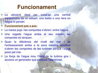 Funcionament La ubicació ideal per instal·lar una central mareomotriu és un estuari, una badia o una riera on l'aigua hi penetri.   Funcionament pas a pas: La mare a puja i les comportes s’obren i entra l’aigua. Una  vegada l’aigua arriba al seu màxim, les comportes és tanquen. Quan la diferència del nivell del mar i de l’embassament arriba a la seva màxima amplitud s’obren les comportes de les turbines perquè l’aigua passi pel mar. La força de l’aigua mou l’hèlix de la turbina gira i acciona un generador que produeix l’electricitat. 