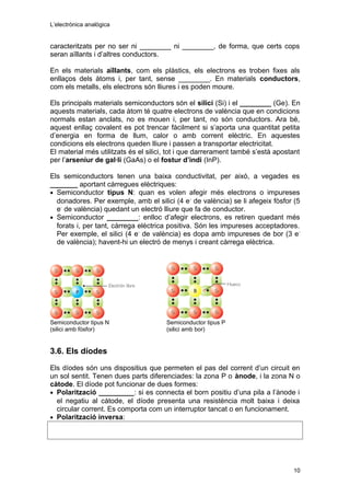 L’electrònica analògica
caracteritzats per no ser ni ________ ni ________, de forma, que certs cops
seran aïllants i d’altres conductors.
En els materials aïllants, com els plàstics, els electrons es troben fixes als
enllaços dels àtoms i, per tant, sense ________. En materials conductors,
com els metalls, els electrons són lliures i es poden moure.
Els principals materials semiconductors són el silici (Si) i el ________ (Ge). En
aquests materials, cada àtom té quatre electrons de valència que en condicions
normals estan anclats, no es mouen i, per tant, no són conductors. Ara bé,
aquest enllaç covalent es pot trencar fàcilment si s’aporta una quantitat petita
d’energia en forma de llum, calor o amb corrent elèctric. En aquestes
condicions els electrons queden lliure i passen a transportar electricitat.
El material més utilitzats és el silici, tot i que darrerament també s’està apostant
per l’arseniur de gal·li (GaAs) o el fostur d’indi (InP).
Els semiconductors tenen una baixa conductivitat, per això, a vegades es
_______ aportant càrregues elèctriques:
• Semiconductor tipus N: quan es volen afegir més electrons o impureses
donadores. Per exemple, amb el silici (4 e-
de valència) se li afegeix fòsfor (5
e-
de valència) quedant un electró lliure que fa de conductor.
• Semiconductor ________: enlloc d’afegir electrons, es retiren quedant més
forats i, per tant, càrrega elèctrica positiva. Són les impureses acceptadores.
Per exemple, el silici (4 e-
de valència) es dopa amb impureses de bor (3 e-
de valència); havent-hi un electró de menys i creant càrrega elèctrica.
1. Els semiconductors.
Semiconductor tipus N Semiconductor tipus P
(silici amb fòsfor) (silici amb bor)
3.6. Els díodes
Els díodes són uns dispositius que permeten el pas del corrent d’un circuit en
un sol sentit. Tenen dues parts diferenciades: la zona P o ànode, i la zona N o
càtode. El díode pot funcionar de dues formes:
• Polarització _________: si es connecta el born positiu d’una pila a l’ànode i
el negatiu al càtode, el díode presenta una resistència molt baixa i deixa
circular corrent. Es comporta com un interruptor tancat o en funcionament.
• Polarització inversa:
10
 