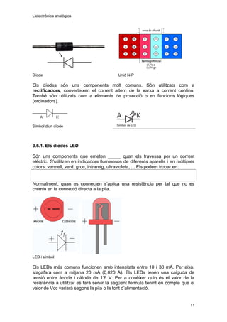 L’electrònica analògica
Díode Unió N-P
Els díodes són uns components molt comuns. Són utilitzats com a
rectificadors, converteixen el corrent altern de la xarxa a corrent continu.
També són utilitzats com a elements de protecció o en funcions lògiques
(ordinadors).
Símbol d’un díode
3.6.1. Els díodes LED
Són uns components que emeten _____ quan els travessa per un corrent
elèctric. S’utilitzen en indicadors lluminosos de diferents aparells i en múltiples
colors: vermell, verd, groc, infraroig, ultravioleta, ... Els podem trobar en:
Normalment, quan es connecten s’aplica una resistència per tal que no es
cremin en la connexió directa a la pila.
LED i símbol
Els LEDs més comuns funcionen amb intensitats entre 10 i 30 mA. Per això,
s’agafarà com a mitjana 20 mA (0,020 A). Els LEDs tenen una caiguda de
tensió entre ànode i càtode de 1’6 V. Per a conèixer quin és el valor de la
resistència a utilitzar es farà servir la següent fórmula tenint en compte que el
valor de Vcc variarà segons la pila o la font d’alimentació.
11
 