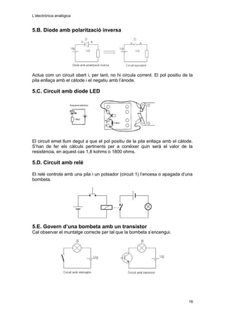 L’electrònica analògica
5.B. Díode amb polarització inversa
Actua com un circuit obert i, per tant, no hi circula corrent. El pol positiu de la
pila enllaça amb el càtode i el negatiu amb l’ànode.
5.C. Circuit amb díode LED
El circuit emet llum degut a que el pol positiu de la pila enllaça amb el càtode.
S’han de fer els càlculs pertinents per a conèixer quin serà el valor de la
resistència, en aquest cas 1,8 kohms o 1800 ohms.
5.D. Circuit amb relé
El relé controla amb una pila i un polsador (circuit 1) l’encesa o apagada d’una
bombeta.
5.E. Govern d’una bombeta amb un transistor
Cal observar el muntatge correcte per tal que la bombeta s’encengui.
16
 