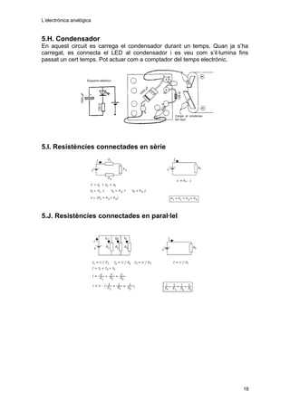 L’electrònica analògica
5.H. Condensador
En aquest circuit es carrega el condensador durant un temps. Quan ja s’ha
carregat, es connecta el LED al condensador i es veu com s’il·lumina fins
passat un cert temps. Pot actuar com a comptador del temps electrònic.
5.I. Resistències connectades en sèrie
5.J. Resistències connectades en paral·lel
18
 