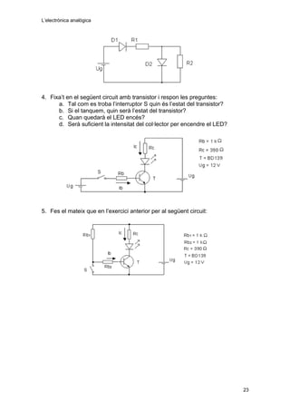 L’electrònica analògica
4. Fixa’t en el següent circuit amb transistor i respon les preguntes:
a. Tal com es troba l’interruptor S quin és l’estat del transistor?
b. Si el tanquem, quin serà l’estat del transistor?
c. Quan quedarà el LED encés?
d. Serà suficient la intensitat del col·lector per encendre el LED?
5. Fes el mateix que en l’exercici anterior per al següent circuit:
23
 