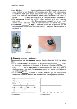 L’electrònica analògica
• Les vàlvules __________ (primeres dècades del s.XX): aquests components
eren similars a les làmpades d’incandescència. Eren molt voluminoses,
s’escalfaven molt, eren fràgils, consumien molta energia i resultaven molt
cares. Van servir per descobriments com la ràdio, la televisió o el radar. El
primer ________, l’ENIAC, es va construir el 1941 amb aquests components.
• Els transistors (meitat del s.XX): estan fabricats amb uns materials
anomenats ____________. Un dels avantatges principals són el seu reduït
volum i ser més robustos, a més, d’un baix consum i una vida útil més _____.
• Els circuits ________ o xips (a partir del 1960): ha fet possible tots els
elements electrònics actuals (microelectrònica). L’empresa Intel va fabricar el
primer xip el ____.
Vàlvula Transistor Xip
2. Tipus de corrent i sistemes
Es poden diferenciar dos tipus de corrent elèctric: el continu (CC) i l’analògic
(CA).
• En el corrent continu els electrons es desplacen sempre en el _____ sentit.
La tensió (V) i la intensitat (I) no varien en el temps. El proporcionen les ____
i les ________. Els aparells electrònics utilitzen aquest tipus de corrent ja
sigui directament o a partir d’un adaptador de corrent altern, p.ex. la bateria
de l’ordinador portàtil.
• En el corrent _______ el corrent és variable, de forma que tant la tensió com
la intensitat varien en el temps. És el corrent dels habitatges i les indústries.
Corrent altern Corrent continu
2
 