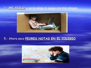 4.-4.- ME AISLOME AISLO y ya no salgo ni juego con mis amigos.
5.- Ahora saco PEORES NOTAS EN EL COLEGIO
 