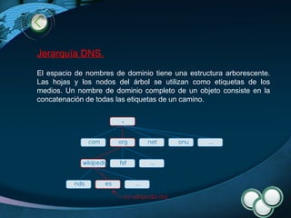 Jerarquía DNS. El espacio de nombres de dominio tiene una estructura arborescente. Las hojas y los nodos del árbol se utilizan como etiquetas de los medios. Un nombre de dominio completo de un objeto consiste en la concatenación de todas las etiquetas de un camino. 