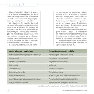 capítulo 2
    O termo Informática Educacional, segun-                                          sor tanto no que diz respeito aos conheci-
do J. A. Valente (ver bibliografia), tem assu-                                       mentos técnicos e domínio da máquina,
mido diversos significados, dependendo da                                            quanto à integração do computador nas
visão educacional e da condição pedagógi-                                            atividades curriculares. Mas não é só o pro-
ca em que o computador é utilizado.                                                  fessor o responsável pelas mudanças e ino-
    Os educadores têm papel fundamental                                              vações no contexto escolar. Os administra-
na mudança de conceitos e paradigmas exis-                                           dores, alunos, pais e demais profissionais da
tentes sobre a utilização dos recursos da                                            escola participam do processo.
informática na educação, garantindo as                                                   É o momento de cada um ser visto como
transformações e contribuindo com inova-                                             parte do todo - a escola - e as ações devem
ções nas metodologias educacionais. Para                                             ser norteadas no sentido de utilizar práticas
isso, porém, é necessário que o educador                                             inovadoras que contribuam para efetiva uti-
conheça o potencial educacional do com-                                              lização do computador no contexto escolar.
putador, alternando, na prática, atividades                                              A tabela abaixo estabelece uma compa-
que impliquem ou não em seu uso.                                                     ração entre a aprendizagem tradicional e a
    É necessário, portanto, formar o profes-                                         aprendizagem com as TICs.


     Aprendizagem tradicional                                         Aprendizagem com as TICs
     Instrução centrada no professor/ Estimulação                     Aprendizagem centrada no aluno

     Unissensorial                                                    Estimulação multisensorial

     Progressão unidirecional                                         Progressão multidirecional

     Única mídia                                                      Multimídia

     Trabalho isolado                                                 Trabalho colaborativo

     Informação fornecida                                             Troca de informação

     Aprendizagem passiva                                             Aprendizagem ativa/ exploratória/ inquisitiva

     Aprendizagem por aquisição de informações                        Pensamento crítico/ tomada de decisões

     Reação de responsividade                                         Ação planejada, intregativa, por iniciativa

                                                 National Educational Technology Standards for Teachers, ISTE® / Tradução: FERREIRA, G.C. (2002)


22                                                                                             Tecnologia Assistiva nas Escolas/2008
 