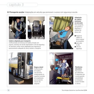 capítulo 3
3.9 Transporte escolar: Adaptações em veículos que promovam o acesso com segurança à escola.


                                                                                          Adaptação
                                                                                          de cadeira
                                                                                          (existente
                                                                                          no mercado)
                                                                                          Para transporte,
                                                                                          que garanta a
                                                                                          segurança e
                                                                                          conforto do
                                                                                          aluno, com:

                                                                                            fixação da
                                                                                            cadeira no
                                                                                            banco original
  Cadeira adaptada para transporte                                                          do transporte;
  Confeccionada com estrutura de madeira, forrada com                                       apoio para
  espuma, revestida com tecido impermeável e cinto de segurança.                            os pés;
  Se necessário utilizar outras adaptações para segurança e                                 cinto de
  posicionamento adequado do aluno, durante o transporte                                    segurança




                                             Degrau móvel                                 Plataforma
                                             Confeccionado                                elevatória
                                             em madeira                                   Para acesso
                                             com borracha                                 de cadeirantes.
                                             antiderrapante na                            É importante que
                                             superfície, servindo                         a escola garanta
                                             de complemento                               acessibilidade
                                             para escada do                               ao transporte
                                             veículo não                                  escolar de todos
                                             adaptado                                     os alunos



56                                                                     Tecnologia Assistiva nas Escolas/2008
 