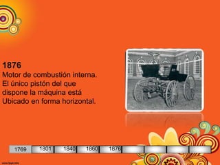 1876
Motor de combustión interna.
El único pistón del que
dispone la máquina está
Ubicado en forma horizontal.
1769 1801 1840 1860 1876
 