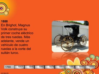 1888
En Brighot, Magnus
Volk construye su
primer coche eléctrico
de tres ruedas. Más
adelante, vende un
vehículo de cuatro
ruedas a la corte del
sultán turco.
1769 1801 1840 1860 1876 1881 1883 1885 1888
 