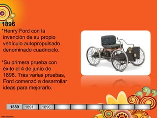 1896
*Henry Ford con la
invención de su propio
vehículo autopropulsado
denominado cuadriciclo.
*Su primera prueba con
éxito el 4 de junio de
1896. Tras varias pruebas,
Ford comenzó a desarrollar
ideas para mejorarlo.
1889 1891 1896
 