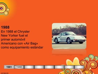 1988
En 1988 el Chrysler
New Yorker fuel el
primer automóvil
Americano con «Air Bag»
como equipamiento estándar
1981 1988
 