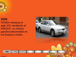 2000
HONDA empieza el
siglo XXI vendiendo el
INSIGHT, un híbrido
gasolina-electricidad en
los Estados Unidos.
1981 1988 2000
 