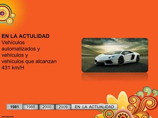 EN LA ACTULIDAD
Vehículos
automatizados y
vehículos y
vehículos que alcanzan
431 km/H
1981 1988 2000 2009 EN LA ACTUALIDAD
 