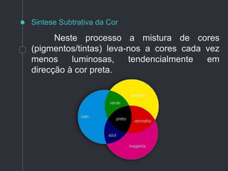 Neste processo a mistura de cores
(pigmentos/tintas) leva-nos a cores cada vez
menos luminosas, tendencialmente em
direcção à cor preta.
Sintese Subtrativa da Cor
 