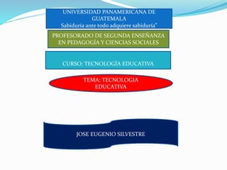 UNIVERSIDAD PANAMERICANA DE
GUATEMALA
Sabiduría ante todo adquiere sabiduría”
PROFESORADO DE SEGUNDA ENSEÑANZA
EN PEDAGOGÍA Y CIENCIAS SOCIALES
CURSO: TECNOLOGÍA EDUCATIVA
TEMA: TECNOLOGIA
EDUCATIVA
JOSE EUGENIO SILVESTRE
 