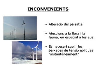 INCONVENIENTS


     • Alteració del paisatje

     • Afeccions a la flora i la
       fauna, en especial a les aus.

     • Es necesari suplir les
       baixades de tensió eóliques
       "instantáneament"
 
