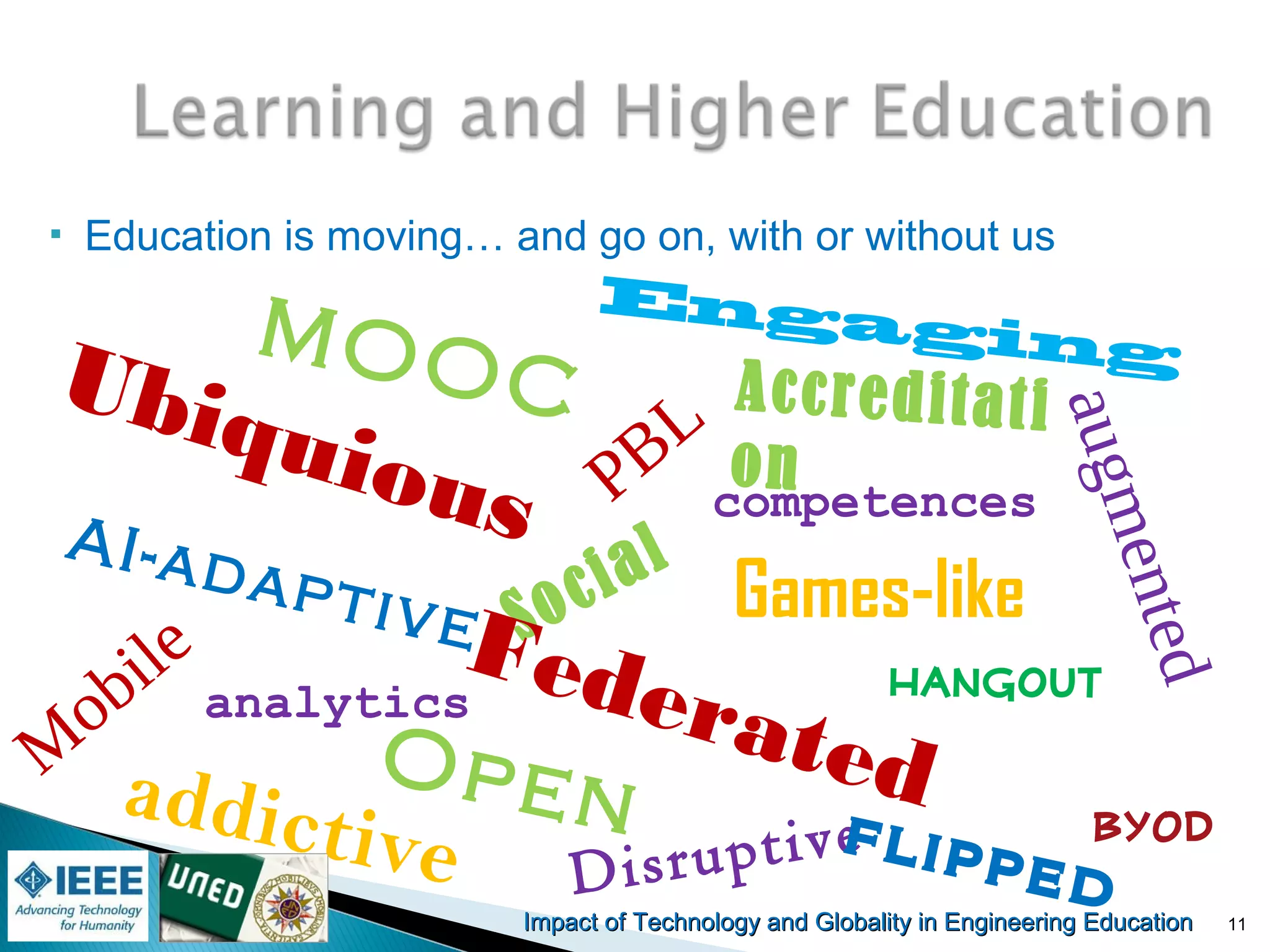 Impact of Technology and Globality in Engineering EducationImpact of Technology and Globality in Engineering Education
 Education is moving… and go on, with or without us
11
M
obile
Open
Social
Disruptive
Engaging
addictive
Federated
AI-adaptive
augmented
Games-like
analytics
Ubiquious
MOOC
PBL
competences
Accreditati
on
flipped
Hangout
BYOD
 