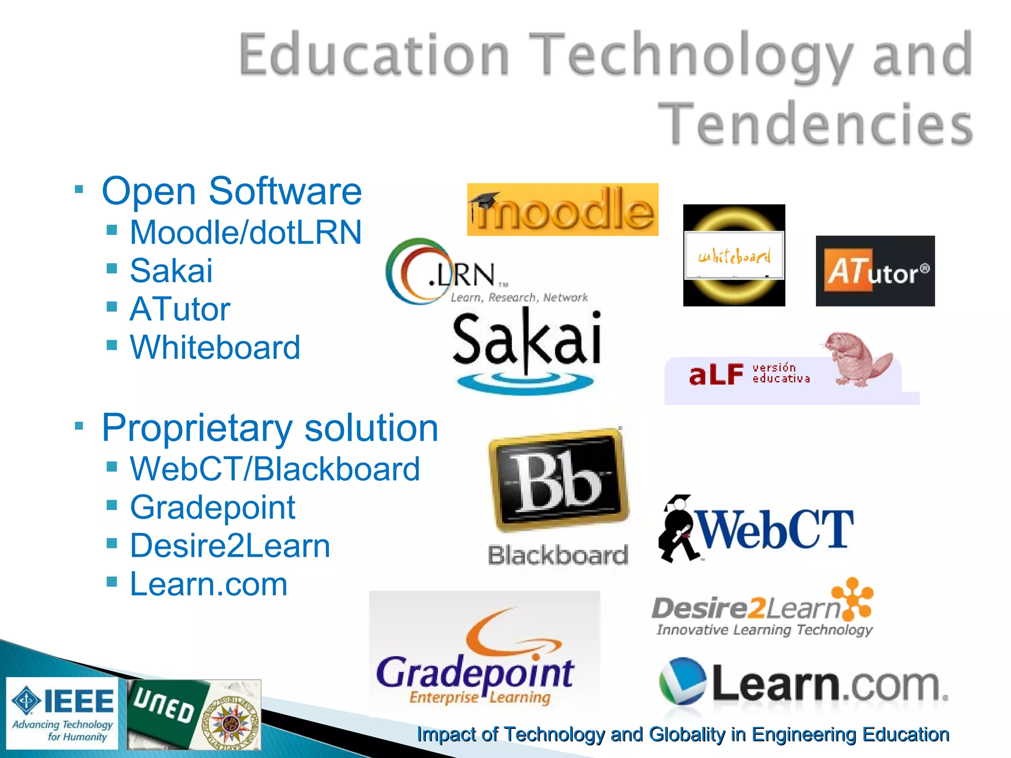 Impact of Technology and Globality in Engineering EducationImpact of Technology and Globality in Engineering Education Manuel
Castro Gil
 Open Software
 Moodle/dotLRN
 Sakai
 ATutor
 Whiteboard
 Proprietary solution
 WebCT/Blackboard
 Gradepoint
 Desire2Learn
 Learn.com
 