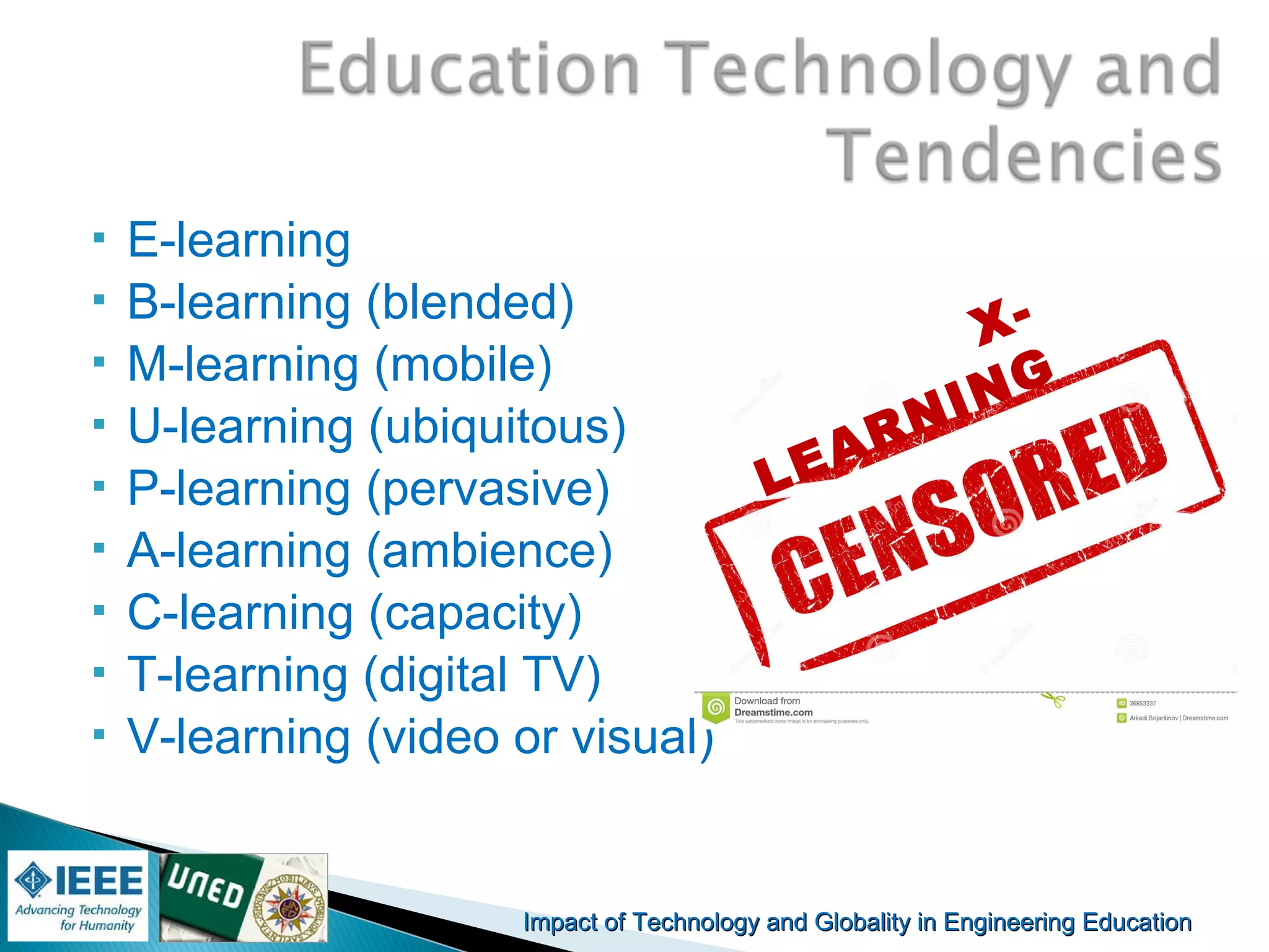 Impact of Technology and Globality in Engineering EducationImpact of Technology and Globality in Engineering Education Manuel
Castro Gil
 E-learning
 B-learning (blended)
 M-learning (mobile)
 U-learning (ubiquitous)
 P-learning (pervasive)
 A-learning (ambience)
 C-learning (capacity)
 T-learning (digital TV)
 V-learning (video or visual)
X-
LEARNING
 