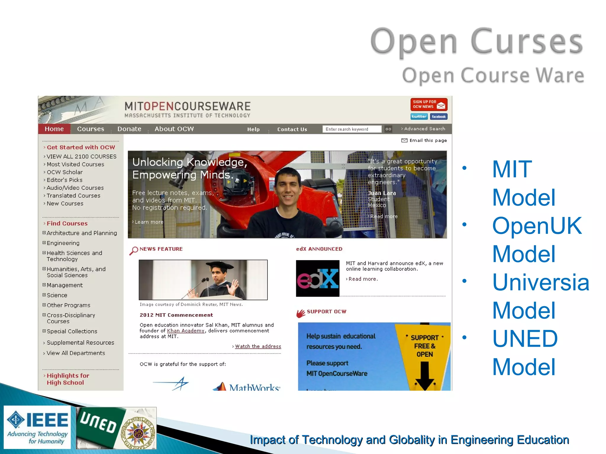 Impact of Technology and Globality in Engineering EducationImpact of Technology and Globality in Engineering Education
• MIT
Model
• OpenUK
Model
• Universia
Model
• UNED
Model
 