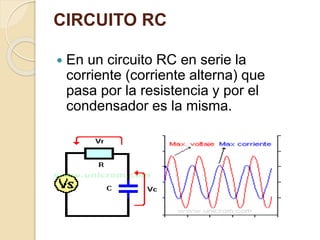 CIRCUITO RC
 En un circuito RC en serie la
corriente (corriente alterna) que
pasa por la resistencia y por el
condensador es la misma.
 