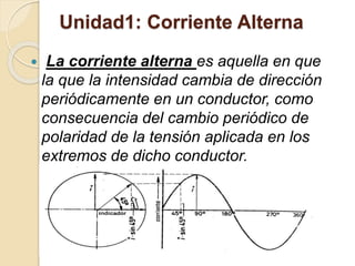 Unidad1: Corriente Alterna
 La corriente alterna es aquella en que
la que la intensidad cambia de dirección
periódicamente en un conductor, como
consecuencia del cambio periódico de
polaridad de la tensión aplicada en los
extremos de dicho conductor.
 