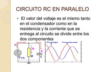 CIRCUITO RC EN PARALELO
 El valor del voltaje es el mismo tanto
en el condensador como en la
resistencia y la corriente que se
entrega al circuito se divide entre los
dos componentes
 
