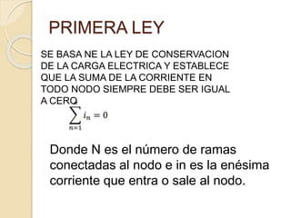 PRIMERA LEY
SE BASA NE LA LEY DE CONSERVACION
DE LA CARGA ELECTRICA Y ESTABLECE
QUE LA SUMA DE LA CORRIENTE EN
TODO NODO SIEMPRE DEBE SER IGUAL
A CERO
Donde N es el número de ramas
conectadas al nodo e in es la enésima
corriente que entra o sale al nodo.
 