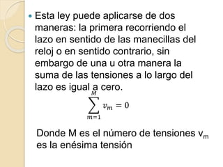  Esta ley puede aplicarse de dos
maneras: la primera recorriendo el
lazo en sentido de las manecillas del
reloj o en sentido contrario, sin
embargo de una u otra manera la
suma de las tensiones a lo largo del
lazo es igual a cero.
𝑚=1
𝑀
𝑣 𝑚 = 0
Donde M es el número de tensiones vm
es la enésima tensión
 