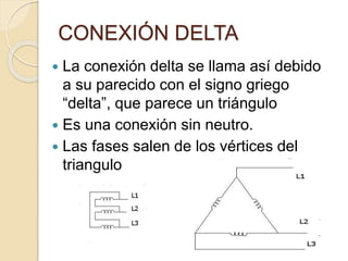 CONEXIÓN DELTA
 La conexión delta se llama así debido
a su parecido con el signo griego
“delta”, que parece un triángulo
 Es una conexión sin neutro.
 Las fases salen de los vértices del
triangulo
 