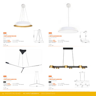 103
*Tecnolite se reserva el derecho de modificar la información sin previo aviso y no se hace responsable por errores u omisiones en este documento. *Lámparas y luminarios no aptos para trabajo de voltaje constante en niveles superiores o inferiores marcados en el producto.
H O S P I TA L I D A D · S U S P E N D I D O S · D E C O R AT I V O
ø160
ø450
1200
mm
ø180
ø520
ø520
50
1200mm
185
80
886
100
420
1200
1200
220
40
79
50
70
Potencia: 30 W
Lumens: 2 100 lm
Volts: 100-240 V ~
IRC: 80
Ángulo: 180°
Vida útil: 30 000 h
Tipo de lámpara: LED integrado
Atenuable: No
ANILAE
• 30CTLLED007MV30B
Luz suave cálida 3 000 K
Blanco
Potencia: 30 W
Lumens: 2 100 lm
Volts: 100-240 V ~
IRC: 80
Ángulo: 180°
Vida útil: 30 000 h
Tipo de lámpara: LED integrado
Atenuable: No
PLAGA
• 30CTLLED008MV30B
Luz suave cálida 3 000 K
Blanco
Potencia: 45 W
Lumens: 3 150 lm
Volts: 100-240 V ~
IRC: 80
Ángulo: 180°
Vida útil: 30 000 h
Tipo de lámpara: LED integrado
Atenuable: No
TRIBUS
• 45CTLLED166MV30N
Luz suave cálida 3 000 K
Negro
Potencia: 48 W
Lumens: 2 900 lm
Volts: 100-240 V ~
IRC: 80
Ángulo: 180°
Vida útil: 30 000 h
Tipo de lámpara: LED integrado
Atenuable: No
DEXTRA
• 48CTLLED162MV30N
Luz suave cálida 3 000 K
Negro
NUEVO NUEVO
NUEVO NUEVO
 