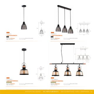 112
*Tecnolite se reserva el derecho de modificar la información sin previo aviso y no se hace responsable por errores u omisiones en este documento. *Lámparas y luminarios no aptos para trabajo de voltaje constante en niveles superiores o inferiores marcados en el producto.
H O S P I TA L I D A D · S U S P E N D I D O S · D E C O R AT I V O S I N L Á M PA R A
NPI-21
60CTL8362MVCH
1720mm
120mm
145mm
20mm
132mm
NPI-21
180CTL8362MVCH
1722mm
446mm
542mm
145mm
22mm
132mm
NPI-21
60CTL8370MVNCA
120mm
20mm
1810mm
225mm
302mm
NPI-21
180CTL8370MVNCA
1855mm
195mm
400mm
25mm
960mm
273mm
Potencia: 180 W máx.
Volts: 100-240 V ~
Tipo de lámpara: Opcional (No incluida)
Tipo de base: E27
COLUMBA II
• 180CTL8370MVNCA
Negro / Dorado
Potencia: 180 W máx.
Volts: 100-240 V ~
Tipo de lámpara: Opcional (No incluida)
Tipo de base: E27
CELESTE II
• 180CTL8362MVCH
Negro
Potencia: 60 W máx.
Volts: 100-240 V ~
Tipo de lámpara: Opcional (No incluida)
Tipo de base: E27
COLUMBA I
• 60CTL8370MVNCA
Negro / Dorado
Potencia: 60 W máx.
Volts: 100-240 V ~
Tipo de lámpara: Opcional (No incluida)
Tipo de base: E27
CELESTE I
• 60CTL8362MVCH
Negro
NUEVO
NUEVO
NUEVO
NUEVO
 