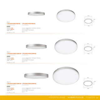 146
*Tecnolite se reserva el derecho de modificar la información sin previo aviso y no se hace responsable por errores u omisiones en este documento. *Lámparas y luminarios no aptos para trabajo de voltaje constante en niveles superiores o inferiores marcados en el producto.
H O S P I TA L I D A D · S O B R E P O N E R · P L A F Ó N
NPI-14
PTLLED-01RD/9W
18mm
143mm
172mm
NPI-14
PTLLED-01RD/15W
18mm
250mm
282mm
NPI-14
PTLLED-01RD/12W
18mm
191mm
223mm
Potencia: 9 W
Lumens: 500 lm
Volts: 127 V ~
IRC: 80 Ángulo: 110°
Instalación: Bote integral / Sobreponer / Empotrar
Vida útil: 25 000 h
Tipo de lámpara: LED integrado
Atenuable: No
3 en 1
IBIZA
• PTLLED-01RD/9W/30 • PTLLED-01RD/9W/65
Luz suave cálida 3 000 K Luz de día 6 500 K
Satinado
Potencia: 12 W
Lumens: 700 lm
Volts: 127 V ~
IRC: 80 Ángulo: 110°
Instalación: Bote integral / Sobreponer / Empotrar
Vida útil: 25 000 h
Tipo de lámpara: LED integrado
Atenuable: No
3 en 1
IBIZA I
• PTLLED-01RD/12W/30 • PTLLED-01RD/12W/65
Luz suave cálida 3 000 K Luz de día 6 500 K
Satinado
Potencia: 15 W
Lumens: 900 lm
Volts: 127 V ~
IRC: 80 Ángulo: 110°
Instalación: Bote integral / Sobreponer / Empotrar
Vida útil: 25 000 h
Tipo de lámpara: LED integrado
Atenuable: No
3 en 1
IBIZA II
• PTLLED-01RD/15W/30 • PTLLED-01RD/15W/65
Luz suave cálida 3 000 K Luz de día 6 500 K
Satinado
 