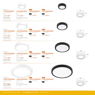 153
*Tecnolite se reserva el derecho de modificar la información sin previo aviso y no se hace responsable por errores u omisiones en este documento. *Lámparas y luminarios no aptos para trabajo de voltaje constante en niveles superiores o inferiores marcados en el producto.
H O S P I TA L I D A D · S O B R E P O N E R · P L A F Ó N
NPI-22
12PTLLEDR30MVB
12PTLLEDR30MVN
12PTLLEDR65MVB
12PTLLEDR65MVN
12PTLLEDR65MVB2C
12PTLLEDR30MVB-4P
32mm
170mm
NPI-18
18PTLLEDR30MVB
18PTLLEDR65MVB
32mm
220mm
NPI-18
6PTLLEDR30MVB
6PTLLEDR65MVB
32mm
120mm
NPI-19
24PTLLEDR30MVB
24PTLLEDR65MVB
32mm
300mm
Potencia: 6 W
Volts: 100-240 V ~
IRC: 80 Ángulo: 100°
Vida útil: 15 000 h
Tipo de lámpara: LED integrado
Atenuable: No
ANKAA I NUEVO NUEVO
• 6PTLLEDR30MVB • 6PTLLEDR65MVB • 6PTLLEDR30MVN • 6PTLLEDR65MVN
Luz suave cálida 3 000 K Luz de día 6 500 K Luz suave cálida 3 000 K Luz de día 6 500 K
Blanco Blanco Negro Negro
Lumens: 320 lm Lumens: 350 lm Lumens: 320 lm Lumens: 350 lm
Potencia: 12 W
Volts: 100-240 V ~
IRC: 80 Ángulo: 100°
Vida útil: 15 000 h
Tipo de lámpara: LED integrado
Atenuable: No
ANKAA II NUEVO NUEVO
• 12PTLLEDR30MVB • 12PTLLEDR65MVB • 12PTLLEDR30MVN • 12PTLLEDR65MVN
Luz suave cálida 3 000 K Luz de día 6 500 K Luz suave cálida 3 000 K Luz de día 6 500 K
Blanco Blanco Negro Negro
Lumens: 720 lm Lumens: 800 lm Lumens: 720 lm Lumens: 800 lm
Potencia: 18 W
Volts: 100-240 V ~
IRC: 80 Ángulo: 100°
Vida útil: 15 000 h
Tipo de lámpara: LED integrado
Atenuable: No
ANKAA III NUEVO NUEVO
• 18PTLLEDR30MVB • 18PTLLEDR65MVB • 18PTLLEDR30MVN • 18PTLLEDR65MVN
Luz suave cálida 3 000 K Luz de día 6 500 K Luz suave cálida 3 000 K Luz de día 6 500 K
Blanco Blanco Negro Negro
Lumens: 1200 lm Lumens: 1300 lm Lumens: 1200 lm Lumens: 1300 lm
Potencia: 24 W
Lumens: 1600 lm
Volts: 100-240 V ~
IRC: 80 Ángulo: 150°
Vida útil: 15 000 h
Tipo de lámpara: LED integrado
Atenuable: No
ANKAA IV NUEVO NUEVO
• 24PTLLEDR30MVB • 24PTLLEDR65MVB • 24PTLLEDR30MVN • 24PTLLEDR65MVN
Luz suave cálida 3 000 K Luz de día 6 500 K Luz suave cálida 3 000 K Luz de día 6 500 K
Blanco Blanco Negro Negro
 