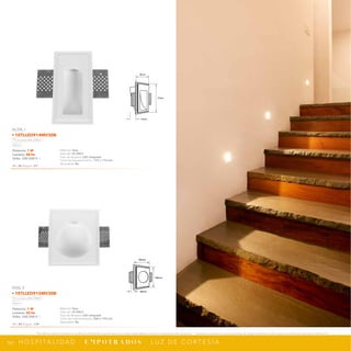 161
*Tecnolite se reserva el derecho de modificar la información sin previo aviso y no se hace responsable por errores u omisiones en este documento. *Lámparas y luminarios no aptos para trabajo de voltaje constante en niveles superiores o inferiores marcados en el producto.
H O S P I TA L I D A D · E M P O T R A D O S · L U Z D E C O R T E S Í A
170mm
50mm
90mm
NPI-20
1ETLLED914MV30B
NPI-20
1ETLLED915MV30B
180mm
60mm
160mm
Potencia: 1 W
Lumens: 48 lm
Volts: 100-240 V ~
IRC: 80 Ángulo: 97°
Material: Yeso
Vida útil: 25 000 h
Tipo de lámpara: LED integrado
Corte de empotramiento: 175 x 170 mm
Atenuable: No
ALNIL I
• 1ETLLED914MV30B
Luz suave cálida 3 000 K
Blanco
Potencia: 1 W
Lumens: 50 lm
Volts: 100-240 V ~
IRC: 80 Ángulo: 139°
Material: Yeso
Vida útil: 25 000 h
Tipo de lámpara: LED integrado
Corte de empotramiento: 240 x 190 mm
Atenuable: No
ANIL II
• 1ETLLED915MV30B
Luz suave cálida 3 000 K
Blanco
 