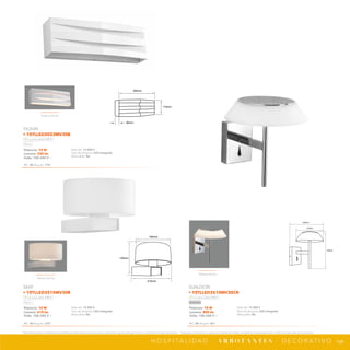 168
H O S P I TA L I D A D · A R B O T A N T E S · D E C O R AT I V O
*Tecnolite se reserva el derecho de modificar la información sin previo aviso y no se hace responsable por errores u omisiones en este documento. *Lámparas y luminarios no aptos para trabajo de voltaje constante en niveles superiores o inferiores marcados en el producto.
NPI-19
10TLLED2023MV30B
350mm
115mm
80mm
NPI-19
10TLLED3515MV30B
210mm
220mm
240mm
NPI-19
10TLLED3515MV30B
125mm
180mm
210mm
Textura de luz
Textura de luz
Textura de luz
Potencia: 10 W
Lumens: 610 lm
Volts: 100-240 V ~
IRC: 80 Ángulo: 272°
Vida útil: 15 000 h
Tipo de lámpara: LED integrado
Atenuable: No
SKAT
• 10TLLED3515MV30B
Luz suave cálida 3 000 K
Blanco
Potencia: 10 W
Lumens: 800 lm
Volts: 100-240 V ~
IRC: 80 Ángulo: 82°
Vida útil: 15 000 h
Tipo de lámpara: LED integrado
Atenuable: No
SUALOCIN
• 10TLLED3510MV30CR
Luz suave cálida 3 000 K
Cromado
Potencia: 10 W
Lumens: 330 lm
Volts: 100-240 V ~
IRC: 80 Ángulo: 172°
Vida útil: 15 000 h
Tipo de lámpara: LED integrado
Atenuable: No
YILDUN
• 10TLLED2023MV30B
Luz suave cálida 3 000 K
Blanco
 