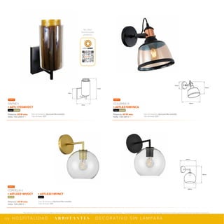 173
*Tecnolite se reserva el derecho de modificar la información sin previo aviso y no se hace responsable por errores u omisiones en este documento. *Lámparas y luminarios no aptos para trabajo de voltaje constante en niveles superiores o inferiores marcados en el producto.
H O S P I TA L I D A D · A R B O T A N T E S · D E C O R AT I V O S I N L Á M PA R A
NPI-21
60TL1705MVDCT
180mm
315mm
160mm
NPI-21
60TL8370MVNCA
260mm
245mm
120mm
NPI-21
60TL8321MVDCT
60TL8321MVNCT
200mm
280mm
265mm
Potencia: 60 W máx.
Volts: 100-240 V ~
Tipo de lámpara: Opcional (No incluida)
Tipo de base: E27
CORDELIA II
• 60TL8321MVDCT • 60TL8321MVNCT
Dorado Negro
Potencia: 60 W máx.
Volts: 100-240 V ~
Tipo de lámpara: Opcional (No incluida)
Tipo de base: E27
DAFNE II
• 60TL1705MVDCT
Negro / Dorado
Potencia: 60 W máx.
Volts: 100-240 V ~
Tipo de lámpara: Opcional (No incluida)
Tipo de base: E27
COLUMBA III
• 60TL8370MVNCA
Negro / Dorado
NUEVO
NUEVO
NUEVO
Ve cómo
funciona este
producto
LIGHT-XPERT
 