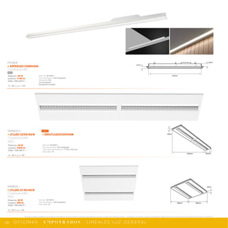 185
*Tecnolite se reserva el derecho de modificar la información sin previo aviso y no se hace responsable por errores u omisiones en este documento. *Lámparas y luminarios no aptos para trabajo de voltaje constante en niveles superiores o inferiores marcados en el producto.
O F I C I N A S · E M P O T R A D O S · L I N E A L E S - L U Z G E N E R A L
NPI-16
LTLLED-2230
1200mm 300mm
29mm
1193mm
30mm
41mm
NPI-19
20PERLED120MV40S
NPI-16
LTLLED-3130
595mm 595mm
29mm
Potencia: 20 W
Lumens: 1100 lm
Volts: 100-240 V ~
IRC: 80 Ángulo: 120°
Vida útil: 30 000 h
Tipo de lámpara: LED integrado
Atenuable: No
Luz de soporte
Instalación invisible
HYGIEA
• 20PERLED120MV40S
Luz blanca neutra 4 000 K
Satin
Potencia: 30 W
Lumens: 300 lm
Volts: 100-240 V ~
IRC: 80 Ángulo: 80°
Vida útil: 40 000 h
Tipo de lámpara: LED integrado
Atenuable: Si
DANIOS I
• LTLLED-3130/40/B
Luz blanca neutra 4 000 K
Blanco
Potencia: 30 W
Lumens: 3300 lm
Volts: 100-240 V ~
IRC: 80 Ángulo: 80°
Vida útil: 40 000 h
Tipo de lámpara: LED integrado
Corte de empotramiento: 1170 x 270 mm
Atenuable: Si
DANIOS II
• LTLLED-2230/40/B • 28DLTLLED2230V40B
Luz blanca neutra 4 000 K
Blanco
NUEVO
 