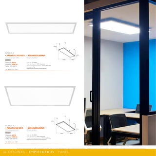 189
*Tecnolite se reserva el derecho de modificar la información sin previo aviso y no se hace responsable por errores u omisiones en este documento. *Lámparas y luminarios no aptos para trabajo de voltaje constante en niveles superiores o inferiores marcados en el producto.
O F I C I N A S · E M P O T R A D O S · PA N E L
8mm
1195mm 295mm
1000mm
NPI-20
45PANLEDL65MVS
12mm
1195mm 595mm
1000mm
NPI-20
60PANLED65MVS
Potencia: 45 W
Lumens: 3600 lm
Volts: 100-240 V ~
IRC: 80 Ángulo: 110°
Vida útil: 25 000 h
Tipo de lámpara: LED integrado
Corte de empotramiento: 1170 x 270 mm
Atenuable: No
Distribución lumínica Homogénea
DOMUS II
• PAN-LED-L/45/40/S • 45PANLEDL65MVS
Luz blanca neutra 4 000 K Luz de día 6 500 K
Satinado
Potencia: 60 W
Lumens: 5400 lm
Volts: 100-240 V ~
IRC: 80 Ángulo: 110°
Vida útil: 25 000 h
Tipo de lámpara: LED integrado
Corte de empotramiento: 1170 x 578 mm
Distribución lumínica Homogénea
DOMUS III
• PAN-LED/60/40/S • 60PANLED65MVS
Luz blanca neutra 4 000 K Luz de día 6 500 K
Satinado
 
