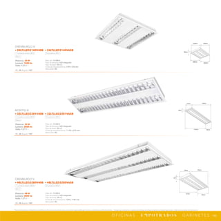 190
*Tecnolite se reserva el derecho de modificar la información sin previo aviso y no se hace responsable por errores u omisiones en este documento. *Lámparas y luminarios no aptos para trabajo de voltaje constante en niveles superiores o inferiores marcados en el producto.
O F I C I N A S · E M P O T R A D O S · G A B I N E T E S
1190mm
275mm
55mm
1215mm 300mm
578mm
578mm
55mm
605mm
605mm
578mm
55mm
1190mm
1215mm
605mm
Potencia: 32 W
Lumens: 2800 lm
Volts: 127 V ~
IRC: 80 Ángulo: 100°
Vida útil: 15 000 h
Tipo de lámpara: LED integrado
Tipo de base: G5 x 2
Corte de empotramiento: 1 190 x 275 mm
Atenuable: No
MONTISI III
• 32LTLLED2281V40B • 32LTLLED2281V65B
Luz blanca neutra 4 000 K Luz de día 6 500 K
Blanco
Potencia: 24 W
Lumens: 1800 lm
Volts: 127 V ~
IRC: 80 Ángulo: 100°
Vida útil: 15 000 h
Tipo de lámpara: LED integrado
Tipo de base: G5 x 3
Corte de empotramiento: 578 x 578 mm
Atenuable: No
OREMBURGO IV
• 24LTLLED3140V40B • 24LTLLED3140V65B
Luz blanca neutra 4 000 K Luz de día 6 500 K
Blanco
Potencia: 48 W
Lumens: 3800 lm
Volts: 127 V ~
IRC: 80 Ángulo: 100°
Vida útil: 15 000 h
Tipo de lámpara: LED integrado
Tipo de base: G5 x 3
Corte de empotramiento: 578 x 1190 mm
Atenuable: No
OREMBURGO V
• 48LTLLED3280V40B • 48LTLLED3280V65B
Luz blanca neutra 4 000 K Luz de día 6 500 K
Blanco
 