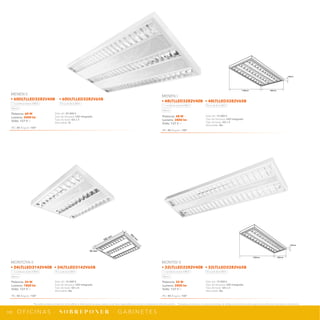 191
*Tecnolite se reserva el derecho de modificar la información sin previo aviso y no se hace responsable por errores u omisiones en este documento. *Lámparas y luminarios no aptos para trabajo de voltaje constante en niveles superiores o inferiores marcados en el producto.
O F I C I N A S · S O B R E P O N E R · G A B I N E T E S
m
55 mm
592 mm
192 mm
592
m
m
592
m
m
NPI-19
32LTLLED2282V40B
32LTLLED2282V65B
1200mm 290mm
55mm
1195mm 595mm
55mm
NPI-19
48LTLLED3282V40B
48LTLLED3282V65B
Potencia: 48 W
Lumens: 3800 lm
Volts: 127 V ~
IRC: 80 Ángulo: 100°
Vida útil: 15 000 h
Tipo de lámpara: LED integrado
Tipo de base: G5 x 3
Atenuable: No
MENEN I
• 48LTLLED3282V40B • 48LTLLED3282V65B
Luz blanca neutra 4 000 K Luz de día 6 500 K
Blanco
Potencia: 60 W
Lumens: 3400 lm
Volts: 127 V ~
IRC: 80 Ángulo: 100°
Vida útil: 25 000 h
Tipo de lámpara: LED integrado
Tipo de base: G5 x 3
Atenuable: Si
MENEN II
• 60DLTLLED3282V40B • 60DLTLLED3282V65B
Luz blanca neutra 4 000 K Luz de día 6 500 K
Blanco
Potencia: 32 W
Lumens: 2800 lm
Volts: 127 V ~
IRC: 80 Ángulo: 100°
Vida útil: 15 000 h
Tipo de lámpara: LED integrado
Tipo de base: G5 x 2
Atenuable: No
MONTISI V
• 32LTLLED2282V40B • 32LTLLED2282V65B
Luz blanca neutra 4 000 K Luz de día 6 500 K
Blanco
Potencia: 24 W
Lumens: 1800 lm
Volts: 127 V ~
IRC: 80 Ángulo: 100°
Vida útil: 15 000 h
Tipo de lámpara: LED integrado
Tipo de base: G5 x 6
Atenuable: No
MONTOYA II
• 24LTLLED3142V40B • 24LTLLED3142V65B
Luz blanca neutra 4 000 K Luz de día 6 500 K
Blanco
 