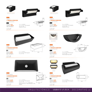216
*Tecnolite se reserva el derecho de modificar la información sin previo aviso y no se hace responsable por errores u omisiones en este documento. *Lámparas y luminarios no aptos para trabajo de voltaje constante en niveles superiores o inferiores marcados en el producto.
A R Q U I T E C T Ó N I C O · A R B O T A N T E S · D E C O R AT I V O
NPI-21
10HLED123MV30N
80mm
108mm
203mm
NPI-21
10HLED124MV30N
204mm
81mm
78mm
220mm
113mm
58mm
NPI-21
6HLED375MV30G
NPI-21
18HLED123MV30N
80mm
108mm
203mm
70mm
248mm
117mm
NPI-21
13HLED373MV30G
NPI-21
13HLED374MV30G
223mm
105mm
130mm
Potencia: 6.5 W
Lumens: 290 lm
Volts: 100-240 V ~
IP: 65 IRC: 80
Ángulo: 90°
Vida útil: 20 000 h
Tipo de lámpara: LED integrado
Atenuable: No
Detección de movimiento: Angulo 160° /
Distancia 60m máx / 7 Tipos de tiempos: 7s-8m
Dirigible
ROSALINDA
• 6HLED375MV30G
Luz suave cálida 3 000 K
Gris
Potencia: 18 W
Lumens: 1 800 lm
Volts: 100-240 V ~
IP: 65 IRC: 80
Ángulo: 90°
Vida útil: 50 000 h
Tipo de lámpara: LED integrado
Atenuable: No
Dirigible de 30-240°
TANIA II
• 18HLED123MV30N
Luz suave cálida 3 000 K
Negro
Potencia: 13 W
Lumens: 340 lm
Volts: 100-240 V ~
IP: 65 IRC: 80
Ángulo: 105°
Vida útil: 20 000 h
Tipo de lámpara: LED integrado
Atenuable: No
STELLA
• 13HLED374MV30G
Luz suave cálida 3 000 K
Gris
Potencia: 13 W
Lumens: 620 lm
Volts: 100-240 V ~
IP: 65 IRC: 80
Ángulo: 253°
Vida útil: 20 000 h
Tipo de lámpara: LED integrado
Atenuable: No
TABIT
• 13HLED373MV30G
Luz suave cálida 3 000 K
Gris
Potencia: 10 W
Lumens: 500 lm
Volts: 100-240 V ~
IP: 65 IRC: 80
Ángulo: 50°
Vida útil: 50 000 h
Tipo de lámpara: LED integrado
Atenuable: No
Premio Design Award 2020
TALITHA
• 10HLED124MV30N
Luz suave cálida 3 000 K
Negro
Potencia: 10 W
Lumens: 1 200 lm
Volts: 100-240 V ~
IP: 65 IRC: 80
Ángulo: 90°
Vida útil: 50 000 h
Tipo de lámpara: LED integrado
Atenuable: No
Dirigible de 30-240°
TANIA I
• 10HLED123MV30N
Luz suave cálida 3 000 K
Negro
NUEVO
NUEVO
NUEVO
NUEVO
NUEVO
NUEVO
Efecto de Luz
Cilindro
giratorio
Fuente de luz giratoria Fuente de luz giratoria
 