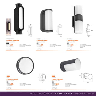 218
*Tecnolite se reserva el derecho de modificar la información sin previo aviso y no se hace responsable por errores u omisiones en este documento. *Lámparas y luminarios no aptos para trabajo de voltaje constante en niveles superiores o inferiores marcados en el producto.
A R Q U I T E C T Ó N I C O · A R B O T A N T E S · D E C O R AT I V O
NPI-19
15HLED1154MV30N
90mm
280mm
60mm
NPI-19
10HLED947V30G
105mm
200mm
70mm
NPI-19
16HLED1163V30G
120mm
250mm
78mm
183mm
48mm
NPI-21
13HLED1185V30G
NPI-21
8HLED1164V30G
78mm
134mm
Efecto de Luz
Potencia: 13 W
Lumens: 800 lm
Volts: 127 V ~
IP: 54 IRC: 80
Ángulo: 120°
Vida útil: 30 000 h
Tipo de lámpara: LED integrado
Atenuable: No
TEBE
• 13HLED1185V30G
Luz suave cálida 3 000 K
Gris
Potencia: 8.5 W
Lumens: 500 lm
Volts: 127 V ~
IP: 54 IRC: 80
Ángulo: 256º
Vida útil: 30 000 h
Tipo de lámpara: LED integrado
Atenuable: No
Rotativo 256°
BAHAM
• 8HLED1164V30G
Luz suave cálida 3 000 K
Gris
Potencia: 15 W
Lumens: 374 lm
Volts: 100-240 V ~
IP: 54 IRC: 80
Ángulo: 133°
Vida útil: 30 000 h
Tipo de lámpara: LED integrado
Atenuable: No
VINDEMIATRIX
• 15HLED1154MV30N
Luz suave cálida 3 000 K
Negro
Potencia: 10 W
Lumens: 600 lm
Volts: 127 V ~
IP: 44 IRC: 80
Ángulo: 118°
Vida útil: 20 000 h
Tipo de lámpara: LED integrado
Atenuable: No
WEZEN
• 10HLED947V30G
Luz suave cálida 3 000 K
Gris
Potencia: 16 W
Lumens: 950 lm
Volts: 127 V ~
IP: 44 IRC: 80
Ángulo: 135°
Vida útil: 20 000 h
Tipo de lámpara: LED integrado
Atenuable: No
Rotativo
WURREN
• 16HLED1163V30G
Luz suave cálida 3 000 K
Gris
NUEVO NUEVO
 