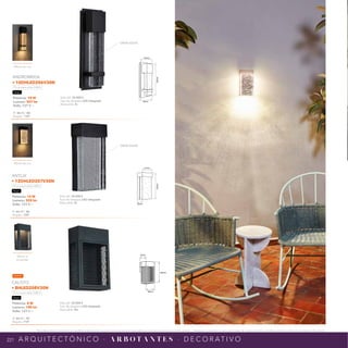 221
*Tecnolite se reserva el derecho de modificar la información sin previo aviso y no se hace responsable por errores u omisiones en este documento. *Lámparas y luminarios no aptos para trabajo de voltaje constante en niveles superiores o inferiores marcados en el producto.
A R Q U I T E C T Ó N I C O · A R B O T A N T E S · D E C O R AT I V O
NPI-19
10DHLED206V30N
120mm
350mm
65mm
NPI-19
12DHLED207V30N
127mm
254mm
65mm
CRISTAL SÓLIDO
CRISTAL SÓLIDO
NUEVO
Efecto de Luz
Efecto de Luz
Efecto al
encender
NPI-21
8HLED208V30N
250mm
93mm
160mm
Potencia: 10 W
Lumens: 307 lm
Volts: 127 V ~
IP: 44 IRC: 80
Ángulo: 120°
Vida útil: 30 000 h
Tipo de lámpara: LED integrado
Atenuable: Si
ANDROMEDA
• 10DHLED206V30N
Luz suave cálida 3 000 K
Negro
Potencia: 12 W
Lumens: 328 lm
Volts: 127 V ~
IP: 44 IRC: 80
Ángulo: 120°
Vida útil: 30 000 h
Tipo de lámpara: LED integrado
Atenuable: Si
ANTLIA
• 12DHLED207V30N
Luz suave cálida 3 000 K
Negro
Potencia: 8 W
Lumens: 100 lm
Volts: 127 V ~
IP: 44 IRC: 90
Ángulo: 110°
Vida útil: 30 000 h
Tipo de lámpara: LED integrado
Atenuable: No
CALISTO
• 8HLED208V30N
Luz suave cálida 3 000 K
Negro
 