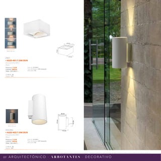 227
*Tecnolite se reserva el derecho de modificar la información sin previo aviso y no se hace responsable por errores u omisiones en este documento. *Lámparas y luminarios no aptos para trabajo de voltaje constante en niveles superiores o inferiores marcados en el producto.
A R Q U I T E C T Ó N I C O · A R B O T A N T E S · D E C O R AT I V O
121 mm
70
mm 121 mm
90 mm
170
mm
106
mm
110 mm
Efecto de Luz
Efecto de Luz
Potencia: 7.5 W
Lumens: 250 lm
Volts: 100-240 V ~
IP: 45 IRC: 80
Ángulo: 155°
Vida útil: 20 000 h
Tipo de lámpara: LED integrado
Atenuable: No
ZIBO
• HLED-401/7.5W/30/B
Luz suave cálida 3 000 K
Blanco
Potencia: 7.5 W
Lumens: 150 lm
Volts: 100-240 V ~
IP: 45 IRC: 80
Ángulo: 160°
Vida útil: 20 000 h
Tipo de lámpara: LED integrado
Atenuable: No
ZIGONG
• HLED-402/7.5W/30/B
Luz suave cálida 3 000 K
Blanco
 