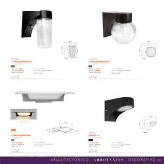 234
*Tecnolite se reserva el derecho de modificar la información sin previo aviso y no se hace responsable por errores u omisiones en este documento. *Lámparas y luminarios no aptos para trabajo de voltaje constante en niveles superiores o inferiores marcados en el producto.
A R Q U I T E C T Ó N I C O · A R B O T A N T E S · D E C O R AT I V O
156mm
115mm
195mm
155mm
163mm
215mm
115mm
163mm
120mm
116mm
NPI-21 ver2
24ESLED540V65G
195mm
300mm
58mm
Efecto de Luz
Potencia: 24 W
Lumens: 1250 lm
Volts: 127 V ~
IP: 54 IRC: 80
Ángulo: 90°
Vida útil: 15 000 h
Tipo de lámpara: LED integrado
Atenuable: No
LICITA
• 24ESLED540V65G
Luz de día 6 500 K
Gris
Potencia: 3 W
Lumens: 270 lm
Volts: 127 V ~
IP: 44 IRC: 80
Ángulo: 110°
Vida útil: 15 000 h
Tipo de lámpara: LED integrado
Tipo de base: GX53
Atenuable: No
VALETA
• SLLED-11
Luz blanca neutra 4 000 K
Negro
Potencia: 14 W
Lumens: 1300 lm
Volts: 100-240 V ~
IP: 44 IRC: 80
Ángulo: 220°
Vida útil: 15 000 h
Tipo de lámpara: LED integrado
Tipo de base: E27
Atenuable: No
VICENZA II
• 14GLLED20MV65CF
Luz de día 6 500 K
Café
Potencia: 14 W
Lumens: 1300 lm
Volts: 100-240 V ~
IP: 44 IRC: 80
Ángulo: 220°
Vida útil: 15 000 h
Tipo de lámpara: LED integrado
Tipo de base: E27
Atenuable: No
VITORIO II
• 14SLLED20MV65CF
Luz de día 6 500 K
Café
Nuevo
 