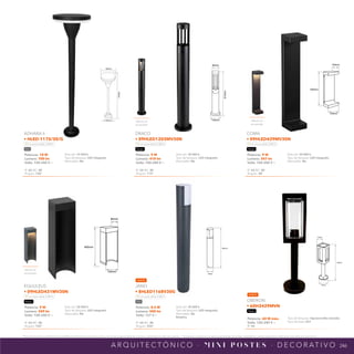 246
*Tecnolite se reserva el derecho de modificar la información sin previo aviso y no se hace responsable por errores u omisiones en este documento. *Lámparas y luminarios no aptos para trabajo de voltaje constante en niveles superiores o inferiores marcados en el producto.
A R Q U I T E C T Ó N I C O · M I N I P O S T E S · D E C O R AT I V O
100mm
700mm
150mm
NPI-19
09HLED1203MV30N
610mm
90mm
130mm
NPI-19
09HLED429MV30N
100mm
500mm
100mm
NPI-19
09HLED431MV30N
80mm
400mm
100mm
NPI-21
60H3429MVN
500mm
110mm
125mm
NPI-21
8HLED1168V30G
650mm
78mm
Efecto al
encender
Efecto al
encender
Efecto al
encender
Potencia: 10 W
Lumens: 700 lm
Volts: 100-240 V ~
IP: 65 IRC: 80
Ángulo: 106°
Vida útil: 15 000 h
Tipo de lámpara: LED integrado
Atenuable: No
ADHARA II
• HLED-1175/30/G
Luz suave cálida 3 000 K
Gris
Potencia: 9 W
Lumens: 507 lm
Volts: 100-240 V ~
IP: 54 IRC: 80
Ángulo: 38°
Vida útil: 30 000 h
Tipo de lámpara: LED integrado
Atenuable: No
COMA
• 09HLED429MV30N
Luz suave cálida 3 000 K
Negro
Potencia: 9 W
Lumens: 418 lm
Volts: 100-240 V ~
IP: 54 IRC: 80
Ángulo: 115°
Vida útil: 30 000 h
Tipo de lámpara: LED integrado
Atenuable: No
DRACO
• 09HLED1203MV30N
Luz suave cálida 3 000 K
Negro
Potencia: 9 W
Lumens: 349 lm
Volts: 100-240 V ~
IP: 54 IRC: 80
Ángulo: 102°
Vida útil: 30 000 h
Tipo de lámpara: LED integrado
Atenuable: No
EQUULEUS
• 09HLED431MV30N
Luz suave cálida 3 000 K
Negro
Potencia: 8.5 W
Lumens: 500 lm
Volts: 127 V ~
IP: 54 IRC: 80
Ángulo: 256°
Vida útil: 30 000 h
Tipo de lámpara: LED integrado
Atenuable: No
Rotativo
JANO
• 8HLED1168V30G
Luz suave cálida 3 000 K
Gris
Potencia: 60 W máx.
Volts: 100-240 V ~
IP: 44
Tipo de lámpara: Opcional (No incluida)
Tipo de base: E27
OBERON
• 60H3429MVN
Negro
NUEVO
NUEVO
 