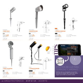 253
*Tecnolite se reserva el derecho de modificar la información sin previo aviso y no se hace responsable por errores u omisiones en este documento. *Lámparas y luminarios no aptos para trabajo de voltaje constante en niveles superiores o inferiores marcados en el producto.
A R Q U I T E C T Ó N I C O · E S T AC A S · A C E N T O
NPI-19
12HLED751MV30N
60mm
145mm
500mm
280
mm
80 mm
40 mm
160
mm
60mm
250mm
175mm
NPI-18
HLED-756
INTERIOR
DORADO
NPI-19
6HLED757V30G
130mm
91mm
345mm
170mm
NPI-21
09HLED752MV30N
90mm
455mm
65mm
TIPS
Disfruta de tus actividades al aire libre.
Escanea el código QR y aprende cómo
lograr que brillen tus áreas verdes.
EFECTOS DE LUZ PARA
TERRAZAS Y JARDINES
V
I
D
E
O
Potencia: 6 W
Lumens: 350 lm
Volts: 100-240 V ~
IP: 65 IRC: 80
Ángulo: 25°
Vida útil: 20 000 h
Tipo de lámpara: LED integrado
Atenuable: No
BENDIN
• HLED-776/6W/30
Luz suave cálida 3 000 K
Gris
Potencia: 4.5 W
Lumens: 300 lm
Volts: 127 V ~
IP: 44 IRC: 80
Ángulo: 49°
Vida útil: 20 000 h
Tipo de lámpara: LED integrado
Atenuable: No
BURSERA
• HLED-756/S
Luz suave cálida 3 000 K
Satin
Potencia: 12 W
Lumens: 760 lm
Volts: 100-240 V ~
IP: 65 IRC: 80
Ángulo: 24°
Vida útil: 30 000 h
Tipo de lámpara: LED integrado
Atenuable: No
KRAZ
• 12HLED751MV30N
Luz suave cálida 3 000 K
Negro / Oro
Potencia: 6 W
Lumens: 389 lm
Volts: 127 V ~
IP: 54 IRC: 80
Ángulo: 96°
Vida útil: 20 000 h
Tipo de lámpara: LED integrado
Atenuable: No
ARCTURUS
• 6HLED757V30G
Luz suave cálida 3 000 K
Gris
Potencia: 9 W
Lumens: 775 lm
Volts: 100-240 V ~
IP: 65 IRC: 80
Ángulo: 28°
Vida útil: 30 000 h
Tipo de lámpara: LED integrado
Atenuable: No
LIESMA
• 09HLED752MV30N
Luz suave cálida 3 000 K
Negro
Efecto al
encender
Nuevo
 