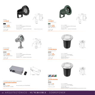 261
*Tecnolite se reserva el derecho de modificar la información sin previo aviso y no se hace responsable por errores u omisiones en este documento. *Lámparas y luminarios no aptos para trabajo de voltaje constante en niveles superiores o inferiores marcados en el producto.
A R Q U I T E C T Ó N I C O · S U M E RG I B L E · S O B R E P O N E R
265 mm 120 mm
80
mm
100 mm
97
mm
65 mm
100 mm
97
mm
65 mm
110 mm
124
mm
100 mm
110 mm
124
mm
100 mm
109 mm
82
mm
141
mm
61 mm
Potencia: 36 W
Volts: 100-127 / 12 VCD
Para uso exclusivo con H-520/3W/RGB
CONTROLADOR PARA LUMINARIO
• H-520/36W/CONTROL
Gris
Potencia: 50 W
Lumens: 330 lm
Volts: 100-127 V ~
IP: 67 IRC: 80
Ángulo: 38°
Vida útil: 2 000 h
Tipo de lámpara: Lámpara 50 W (Incluida)
Tipo de base: GX5.3
Atenuable: No
Lámparas a 12 V ~ requieren transformador
DENIA
• H-505/N
Luz suave cálida 3 000 K
Negro
Potencia: 50 W
Lumens: 330 lm
Volts: 100-127 V ~
IP: 67 IRC: 80
Ángulo: 38°
Vida útil: 2 000 h
Tipo de lámpara: Lámpara 50 W (Incluida)
Tipo de base: GX5.3
Atenuable: No
Lámparas a 12 V ~ requieren transformador
DENIA
• H-500/V
Luz suave cálida 3 000 K
Verde
Potencia: 3 W
Lumens: 150 lm
Volts: 12 VCD
IP: 68 IRC: 80
Ángulo: 20°
Vida útil: 20 000 h
Tipo de lámpara: LED integrado
Corte de empotramiento: 100 mm
Atenuable: No
Sumersión máxima 1 m.
Requiere Driver 12 V.
DIJON
• H-520/3W/30
Luz suave cálida 3 000 K
Satinado
Potencia: 3 W
Volts: 12 VCD
IP: 68 Ángulo: 20°
Vida útil: 20 000 h
Tipo de lámpara: LED integrado
Corte de empotramiento: 100 mm
Atenuable: No
Sumersión máxima 1m.
Requiere controlador H-520/36W/CONTROL para secuencia de colores.
DIJON
• H-520/3W/RGB
RGB
Satinado
Potencia: 50 W
Lumens: 330 lm
Volts: 100-127 / 12 V ~
IP: 68 IRC: 80
Ángulo: 38°
Vida útil: 2 000 h
Tipo de lámpara: Lámpara 50 W (Incluida)
Tipo de base: GX5.3
Atenuable: No
Lámparas a 12 V ~ requieren transformador
ESCALONA
• H-510/S
Luz suave cálida 3 000 K
Satinado
Material: Fibra de vidrio
 